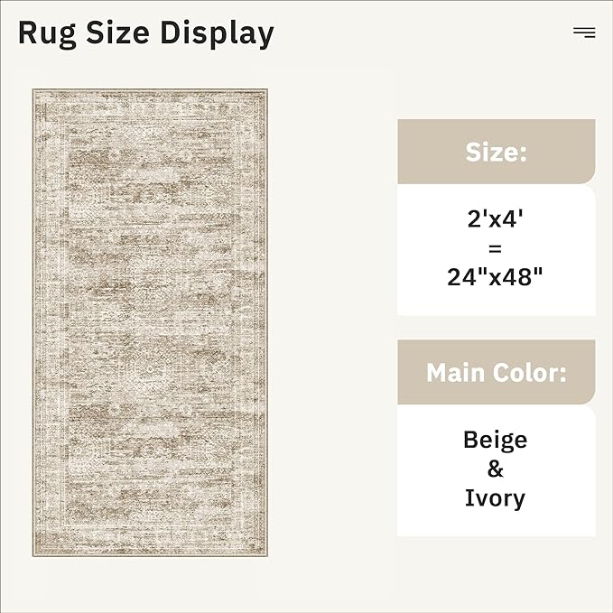 2x4 Washable Rugs for Kitchen, Floor, Entryway, Powder Room Small Area Rug Non-Slip Vintage Low Pile Throw Door Mat Brown