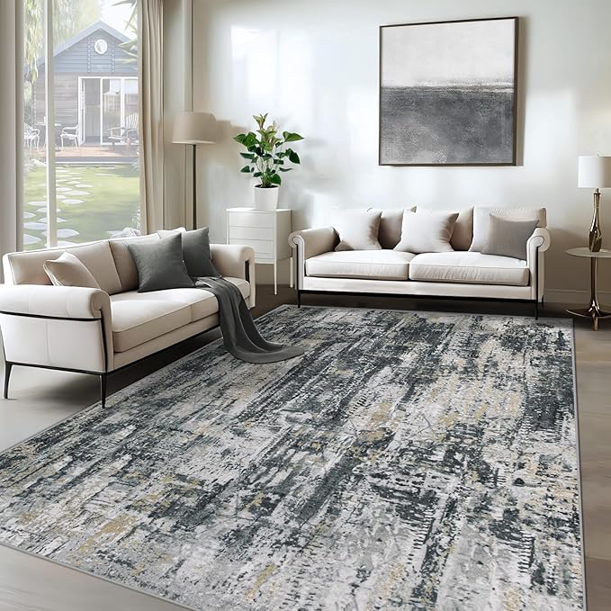 XLUEZ 6x9 Area Rugs for Living Room, Washable Modern Abstract Large Area Rug Neutral Soft Non Slip Kids Rug Stain Resistant Indoor Carpet for Bedroom Nursery Dining Room Playroom(BlackGreyGold,6'x9')