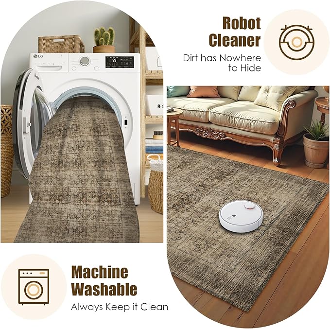 Washable Area Rug 6' x 9' Vintage Traditional Persian Mat - Foldable Distressed Non-Slip Machine Washable Carpet for Living Room Bedroom Kitchen Home Decor - Mocha and Taupe