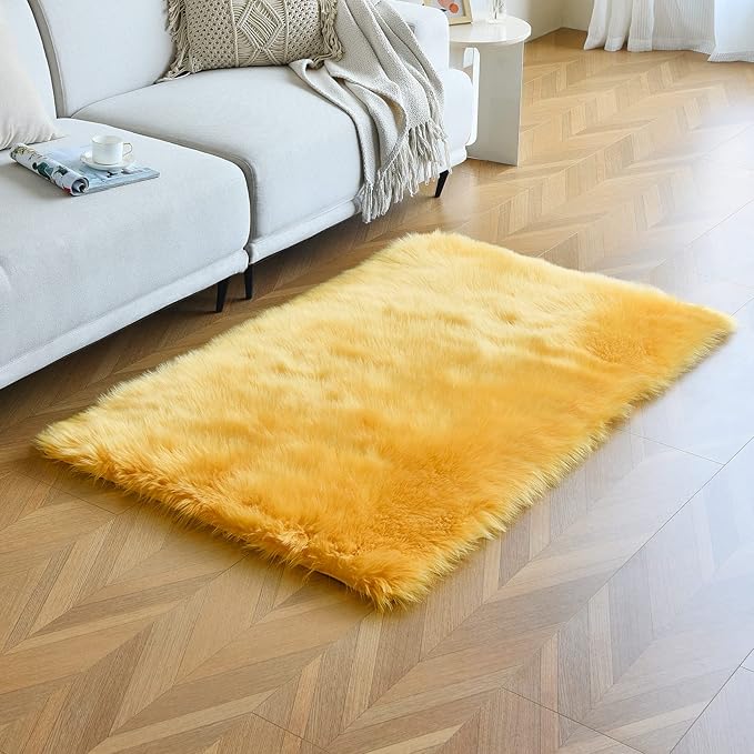 duduta Yellow Faux Sheepskin Fur Rug 3x5 ft, Fluffy Shag Bedroom Dorm Nursery Playroom Carpet Rug Non Slip Washable