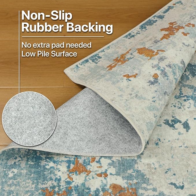 Area Rugs 8x10 for Living Room Bedroom, Modern Abstract Machine Washable Rug, Large Soft Low Pile Floor Carpet with Non Slip Backing for Dining Room, Teal and Terracotta
