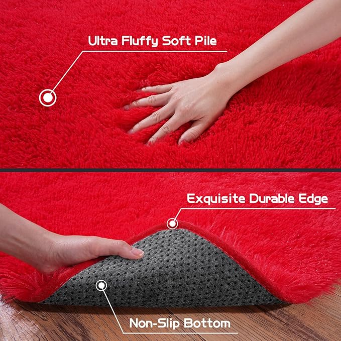 Pionblank Fluffy Area Rug for Bedroom 4x6 Feet, Shag Soft Rug for Living Room, Indoor Comfy Cute Plush Bedside Carpet for Girls Boys Room Teens Dorm Nursery Decor, Red
