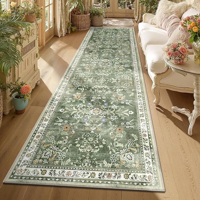 Yamaziot Washable Runner Rug 3x10 – Large Floral Non Slip Boho Hallway Runner Rug with Rubber Backing, Low Pile Faux Wool Distressed Carpet for Kitchen, Laundry, Bedroom, Entrance, Green