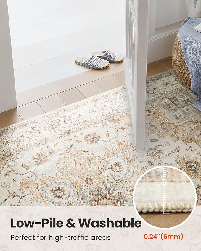 AMADA HOMEFURNISHING 6x9 Area Rugs, Beige Washable Rug Low-Profile with Non-Slip Backing & Durable Edge Binding, Vintage Rugs for Living Room, Bedroom, Dinning Room