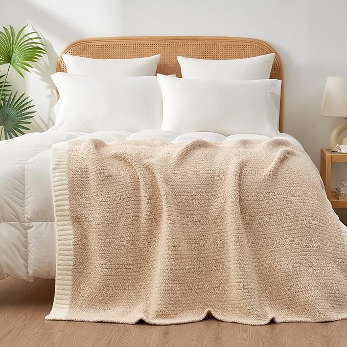 Snuggle Sac Super Soft & Reversible Heather Beige Throw - Oversized Cozy Knit Blanket for Bed, Sofa, Living Room, Twin Size (60x80 Inches)
