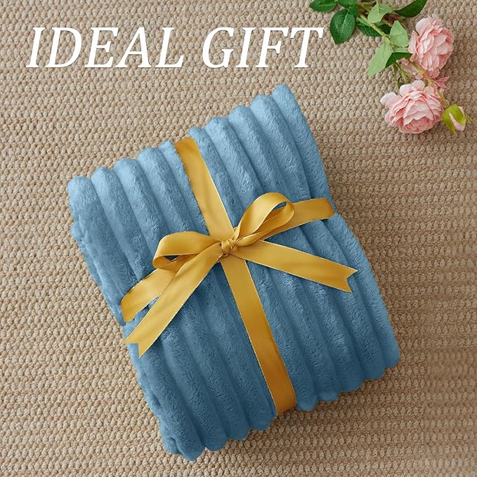 BEDELITE Fleece Blue Throw Blanket for Couch - 300GSM Soft & Warm Fluffy Blue Blanket, Decorative and Giftable Striped Blankets for Women, Men, 50"x60"