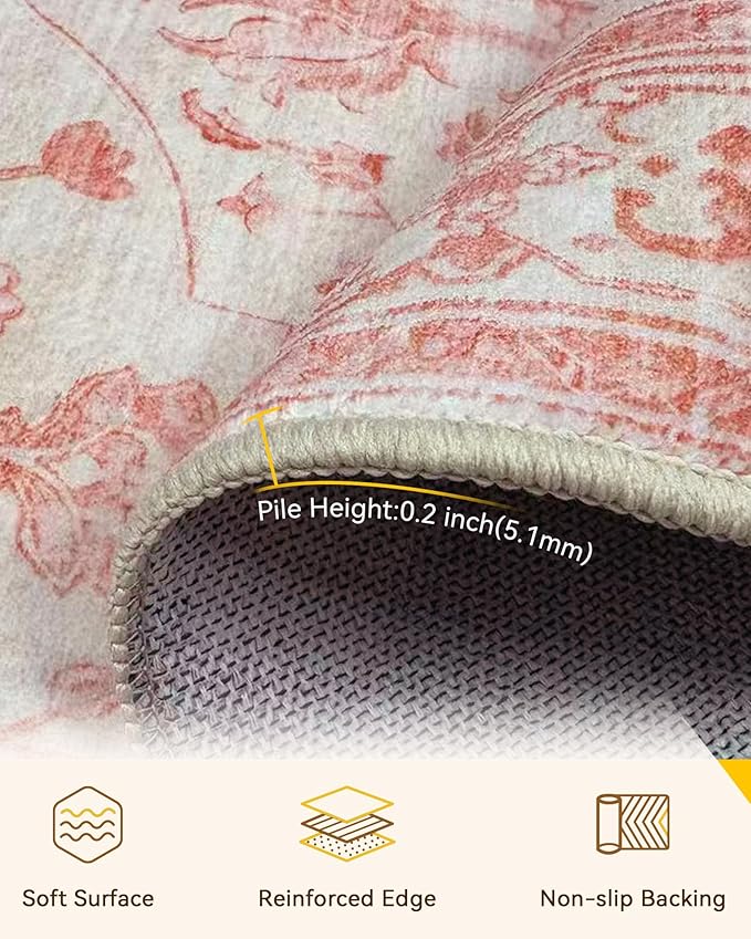 Area Rugs Round 4ft Washable Non-Slip, Floral Vintage Distress Print Pattern Medallion Carpet for Living Room Bedroom Dining Room, Pink Light Vintage Pink