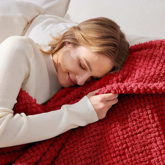 Whale Flotilla Extra Large Fuzzy Fleece Throw Blanket for Couch, 50x70 Inch Fluffy Warm Soft Jacquard Blankets for All Season, Lightweight and Cozy, Red