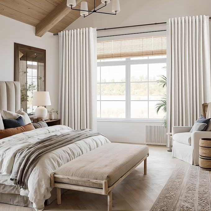 Beige White 100% Blackout Linen Curtains 84 Inch Length 2 Panels Set for Living Room Bedroom Back Tab Thermal Insulated Black Out Drapes Room Darkening Farmhouse Style for Bedroom Window Curtains