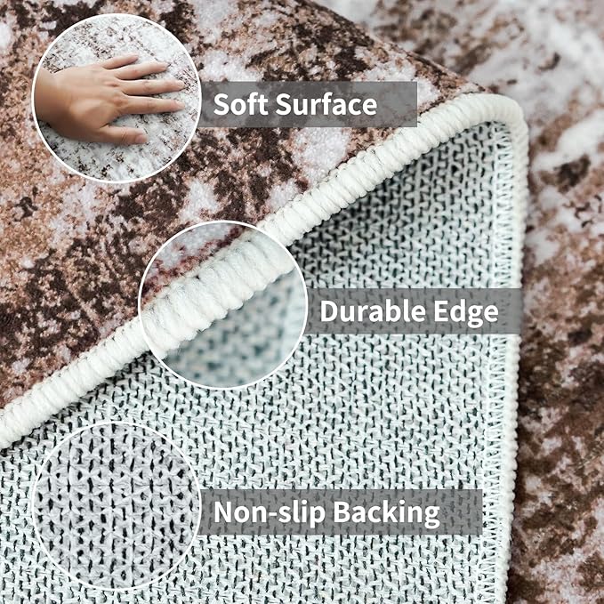 3x12 Washable Runner Rugs for Hallway: Long Abstract Runners for Entryway Bedroom - Stain and Water Resistant Rugs with Non-Slip Backing - Soft Low-Pile Carpet Brown Khaki White