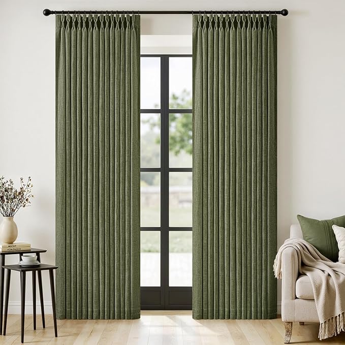 MIULEE Olive Green Pinch Pleated Linen Curtains 96 Inches Long 2 Panels for Living Room Bedroom, Linen Texture Memory Trained Drapes Back Tab Semi Sheer Moss Green Window Curtains with Hooks&Rings