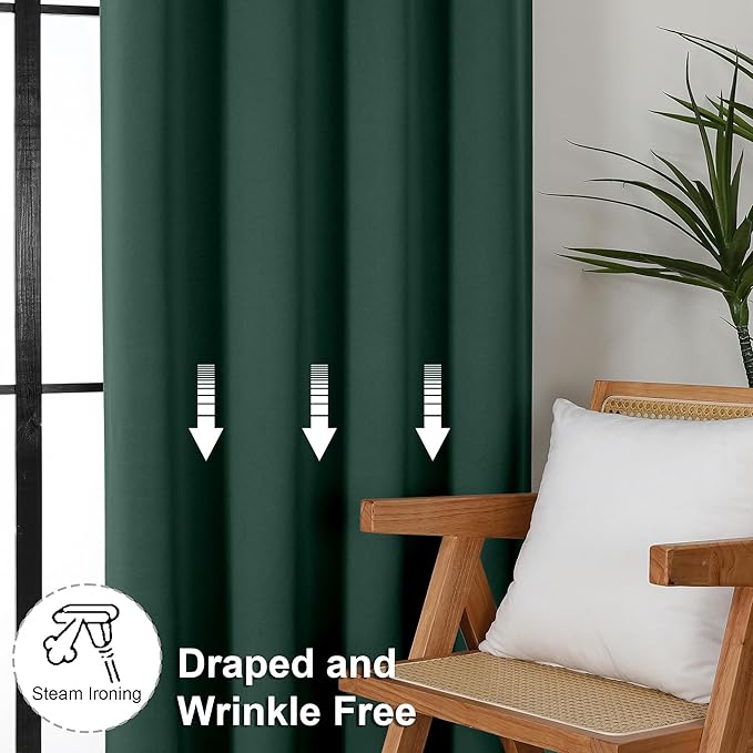 Simplebrand Ava Ever Green Blackout Curtains for Bedroom 63 Inch Length 2 Panels Set, Thermal Insulated Energy Saving Rod Pocket Window Treatment Curtains Blackout Drapes, W40 x L63 Inch, Ever Green