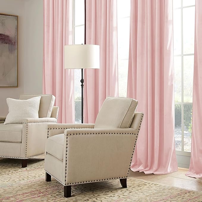 RYB HOME Pink Velvet Curtains 90 inches, Back Tab Soft Fabric Room Darkening Thermal Insulated Luxurious Home Decor Curtains for Living Room Bedroom, W 52" x L 90", 2 Panels Set