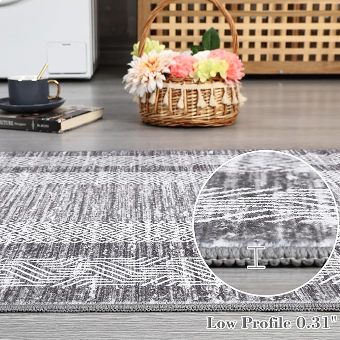 GarveeHome 2.5x8 Modern Bordered Runner Rug Soft Non Slip Washable Floor Carpet Distressed Geometric Hallway Indoor Printed Rug for Kitchen Entrance, Gray