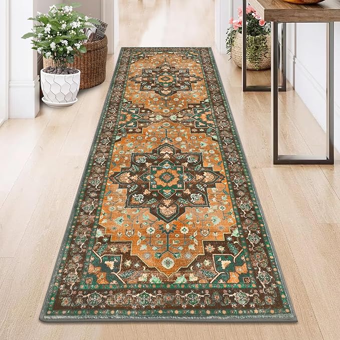 HEBE Hallway Runner Rug 2'x6' Washable Vintage Distressed Area Rugs Non Slip Laundry Rug Runner Boho Floor Carpet Runners for Hallways Entryway Laundry Room Kitchen Bathroom
