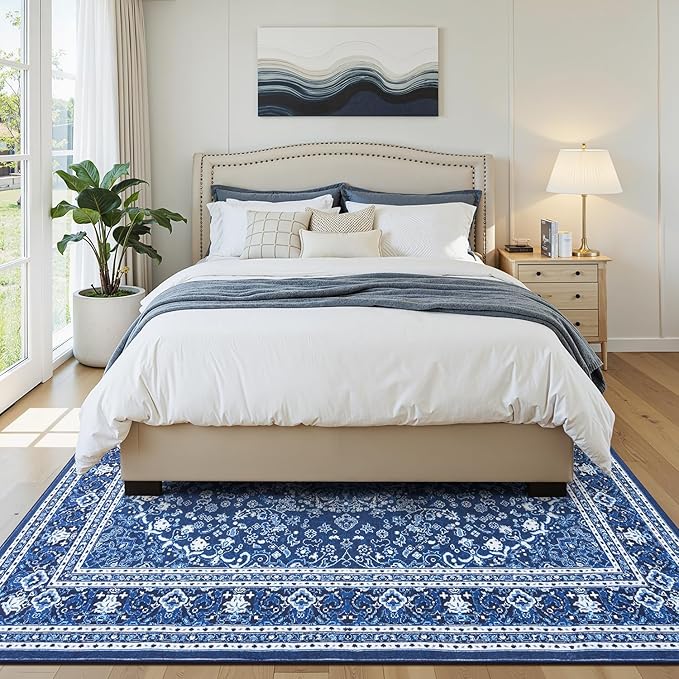 Lofus 6x9 Area Rugs for Living Room, Machine Washable Non-Slip Area Rug, Low Pile Large Rugs for Bedroom, Kitchen, Dining Room, Home Office, Vintage Oriental Print Rug, Dark Blue with White