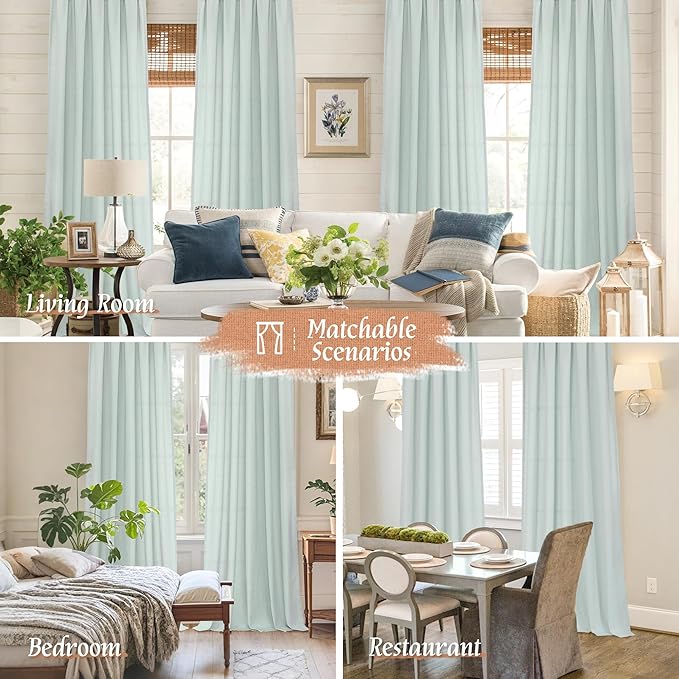 LAMIT Linen Curtains 63 Inch for Bedroom, Light Filtering Neutral Semi Sheer Window Treatment Farmhouse Curtains Rod Pocket Panels for Living Room/Dining Room, 2 Panels, 42 x 63 Inch, Light Blue