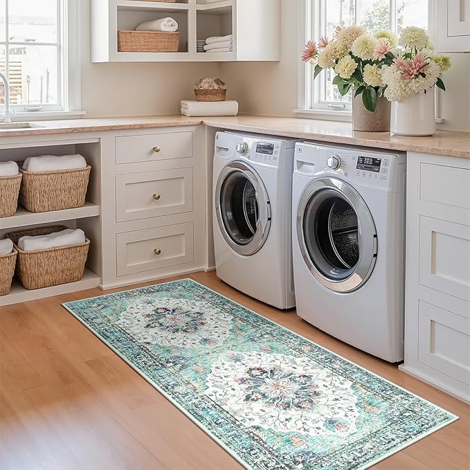 RELEANY Area Rugs 2'x5' Runner Rug Non Slip Washable for Kitchen Hallway Bedroom Beside Laundry Room Bathroom Rug, Floor Carpet, Green Navy Blue White Red Teal Colorful