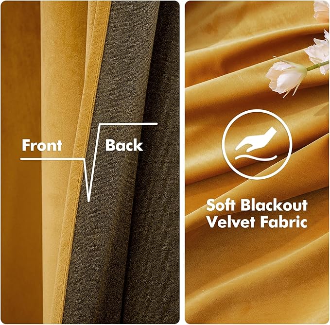 MIULEE 2 Panels Blackout Velvet Curtains Solid Soft Grommet Mustard Yellow Curtains Fall Thermal Insulated Soundproof Room Darkening Curtains/Drapes/Panels for Living Room Bedroom 52 x 63 Inch