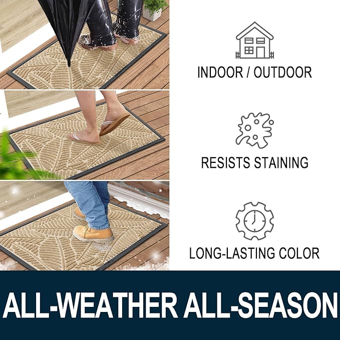 Colorxy Waterproof Doormat, Sturdy Natural Rubber Front Indoor Mat, Non Slip Low Profile Indoor Outdoor Door Mats, Stain and Fade Resistant Floor Mat, Easy Clean Patio Entrance Mat, 36''x24'', Beige