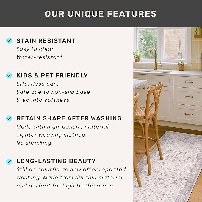 Hazo Haus Boho 3x16 Wide Hallway Runner - Light Gray and Taupe, Washable Low Pile Non Slip Stain Resistant 16ft Runner Rug for Long Kitchen, Hall Way, Floral Decor