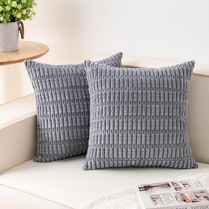 Pack of 2 Corduroy Decorative Throw Pillow Covers 20x20 InchSoft Boho Striped Pillow Covers Modern Farmhouse Home Decor for Sofa Living Room Couch Bed（Light Grey）