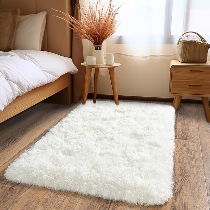 Pionblank Fluffy Small Rug for Bedroom 2x3 Feet, Shag Soft Area Rug, Modern Plush Carpet, Furry Cute Bedside Rug for Kids Girls Boys Room Nursery Decor, Cream White