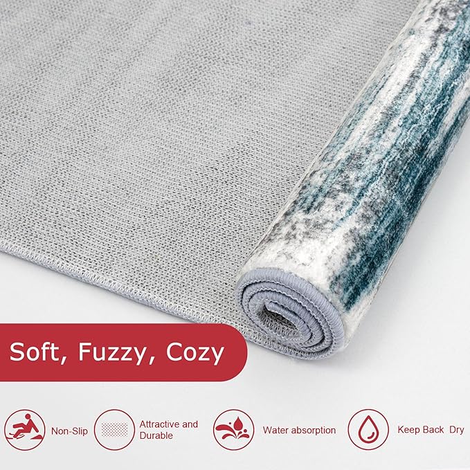 KOZYFLY Washable Area Rug 5x7 Modern Ombre Living Room Thin Rug Non-Slip Soft Striped Rug for Bedroom, Print Blue Abstract Carpet for Laundry Kid Room
