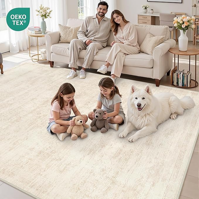 5x7 Area Rugs for Living Room: Vintage Boho Neutral Washable Rug Indoor Soft Large Area Rug Carpet for Bedroom Nursery Farmhouse Dining Room Office Floor Non-Slip Low Pile Under Table Rug Retro Beige