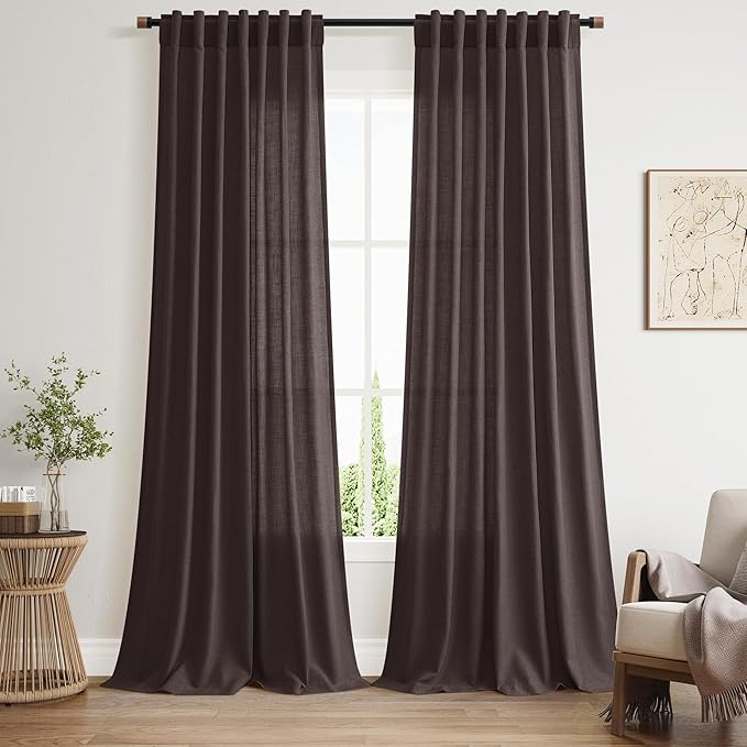 Nanspring Cocoa Coffee Linen Blend Light Filtering Back Tab Curtains 108 Inches Long, Semi Sheer Privacy Drapes for Living Room & Bedroom, 52x108 inch, 2 Panels