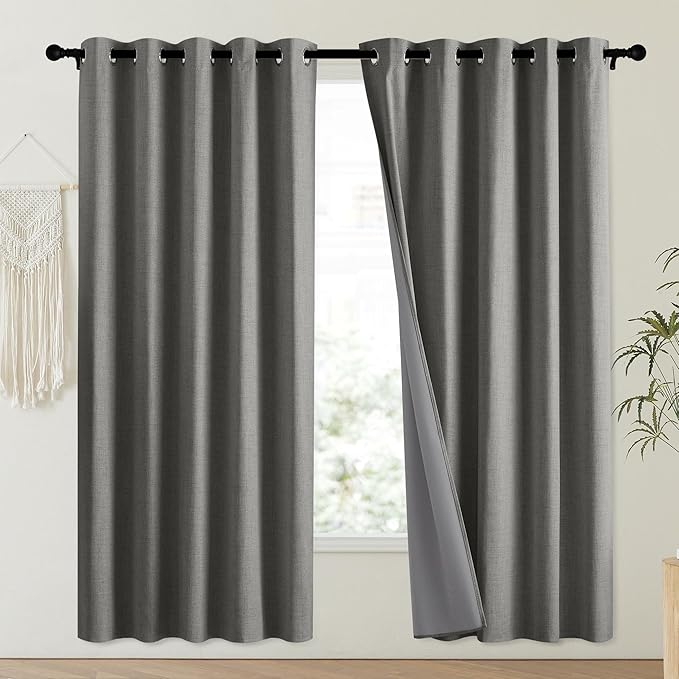 NICETOWN Grizzle Gray Vintage Linen 100% Blackout Curtains for Playroom, Thermal Insulated Curtains 72" Long, Noise Reducing Window Treatment Drapes for Laundry Room, 62" Wide Per Panel, Set of 2