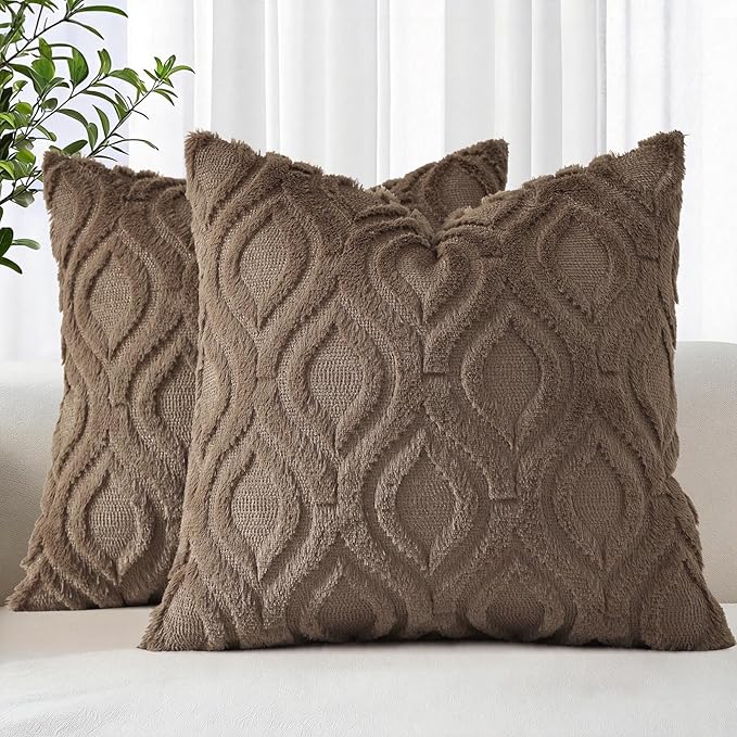 decorUhome Throw Pillow Covers 16x16 Inch Set of 2, Soft Plush Faux Wool Brown Solid Couch Pillow Covers, Accent Farmhouse Neutral Square Pillow Cases for Sofa Bed Living Room