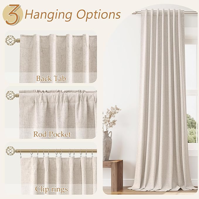 Guken Oatmeal 100% Blackout Curtains 84 Inch Length 2 Panels Set for Living Room Bedroom Back Tab Thermal Insulated Black Out Linen Drapes Room Darkening Window Curtains 84 Inches Long