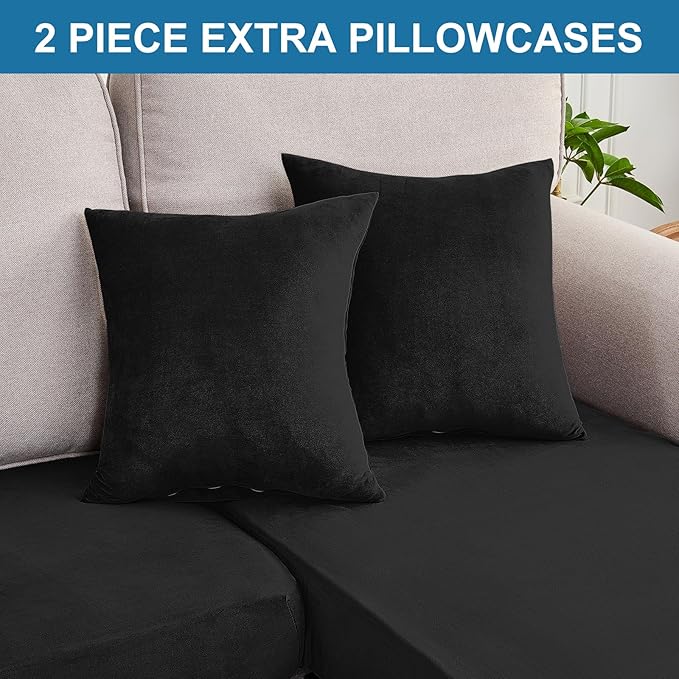 Couch Cover 6-Piece Elastic Velvet Couch Cushion Covers & Chaise Slipcovers for L-Shaped Sofas, Sofa Seat Covers Washable, Soft Cover for Couches (5 Seater + Chaise, Black)
