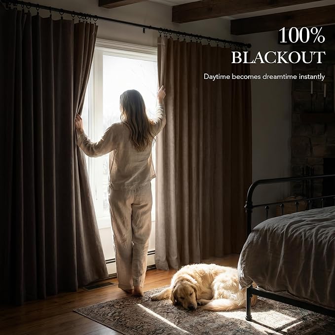 RYB HOME 100% Blackout Linen Textured Curtains 108 inches Long, Thermal Insulating Privacy Energy Saving for Bedroom Living Room Window Office Theater Patio Door, W 52 x L 108 in, Coffee, 2 Panels