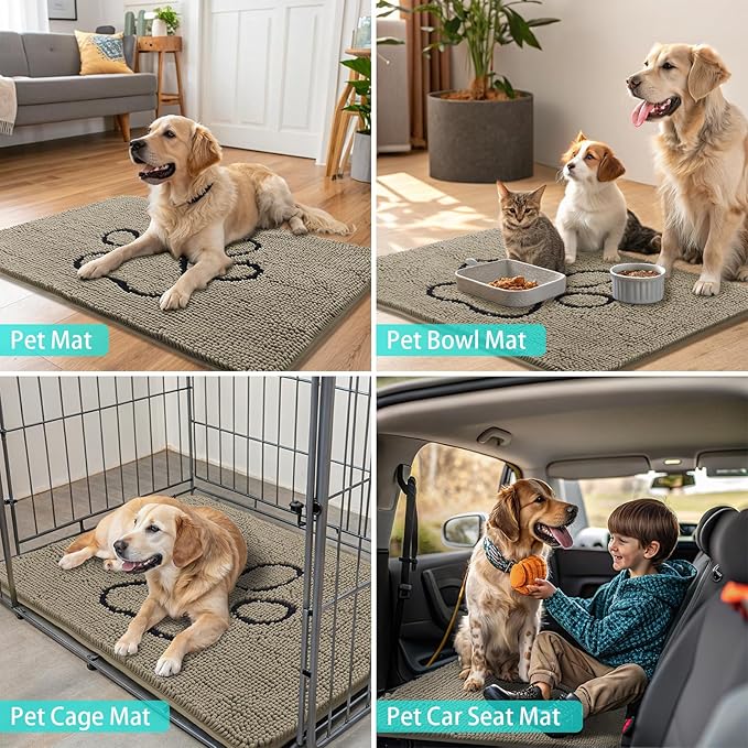 Smiry Dog Door Mat for Muddy Paws, Absorbent Dirt Trapper Non Slip Quick Dry Washable Chenille Mat for Mud Dogs, Entry Rug for Indoor and Outdoor (30x20 Inches, Warm Taupe and Black)