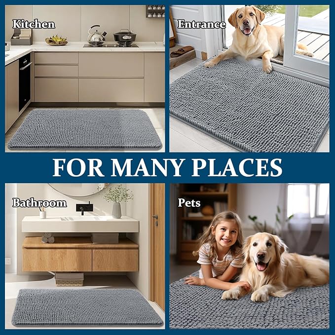 OLANLY Dog Door Mat for Muddy Paws 70x32, Absorbs Moisture and Dirt, Absorbent Non-Slip Washable Doormat, Quick Dry Chenille Mud Mat for Dogs, Entry Indoor Entryway Carpet for Inside Floor, Grey
