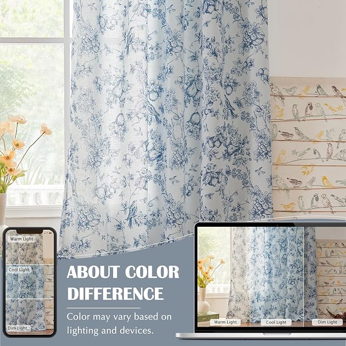 jinchan Linen Floral Curtains for Living Room 96 Inch Length Blue Printed Flower French Country Curtain Farmhouse Cottage Core Toile Curtains Back Tab Light Filtering Window Drapes Set 2 Panels