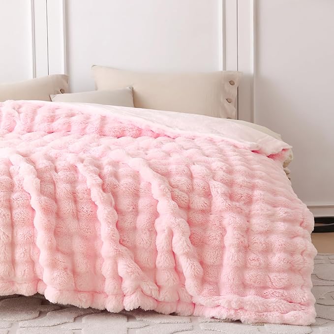 COOVA Faux Fur Throw Blanket for Couch, Cozy Soft and Fuzzy Plush Rabbit Fur Bubble Blanket for Sofa Bedroom Living Room, 50x60 Inches Light Pink