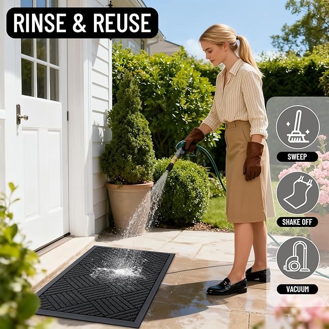 OLANLY Front Door Mat Outside Entrance 59x23, Absorbent, Heavy Duty Sturdy Natural Rubber Doormat Indoor Outdoor, Stain and Fade Resistant, Non-Slip Low Profile Floor Mat for Entryway, Black Diamond