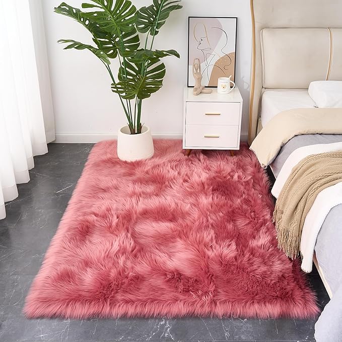 EasyJoy Ultra Soft Fluffy Shaggy Area Rug Faux Fur Rug Chair Cover Seat Pad Fuzzy Area Rug for Bedroom Floor Sofa Living Room (4 x 6 ft Rectangle, BlushPink)