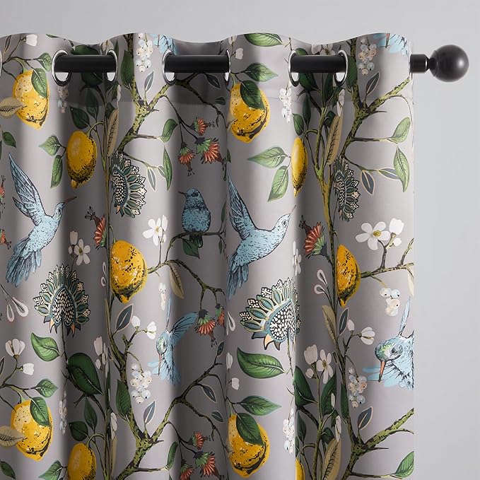 Topfinel 90 Inches Long Curtains, Gray and Yellow Moody Country Anthropologie Cabin Blackout Sun Block Floral Hummingbird Plant Lemon Patterned Grommet Damask Drapes Two Pages for Living Room Office
