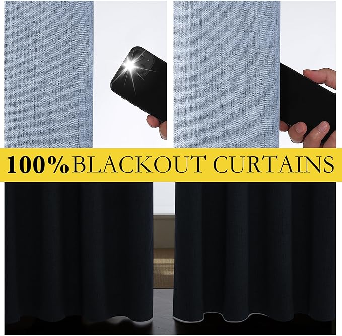 NICETOWN Stone Blue Vintage Linen 100% Blackout Curtains for Living Room, Thermal Insulated Curtains 84" Long, Noise Reducing Window Treatment Drapes for Hall Room, 42" Wide Per Panel, Set of 2