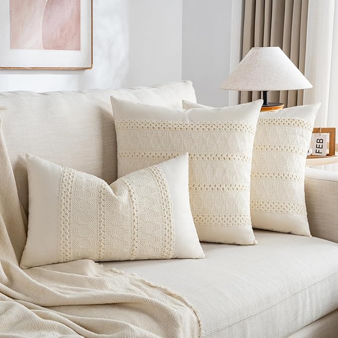 Fancy Homi Set of 1 Boho Cream Decorative Throw Pillow Cover 18x18 Inch for Couch Bed Sofa, Aesthetic Modern Organic Farmhouse Home Decor, Soft Cotton Cute Accent Macrame Woven Cushion Case