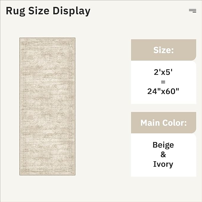 Runner Rug 2x5 Washable Non-Slip Kitchen Runner Rugs for Bathroom Laundry Room Beige Vintage Floor Carpet Runners for Hallway Entryway