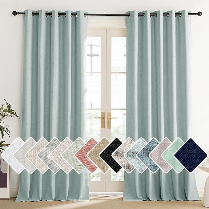 NICETOWN 100% Absolutely Blackout Linen Curtains with Thermal Insulated Liner, Seafoam Green, 62" Wide, 90" Length Energy Saving Curtains for Living Room 2 Panels Set, Vertical Blinds
