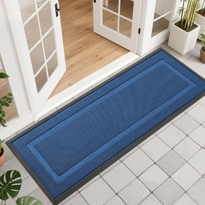 OLANLY Front Door Mat Indoor Outdoor Entrance, Waterproof All-Season, All-Weather Doormat, Sturdy Natural Rubber, Low Profile, Easy Clean Patio Porch Entryway Mat, 47x17, Navy Blue
