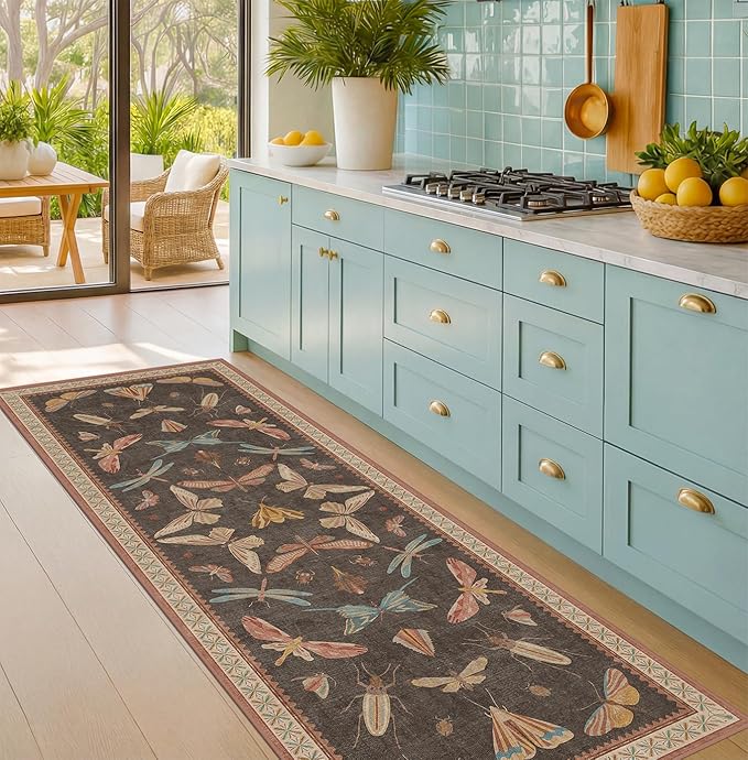 Brown 2x6 Indoor Rugs for Entryway - Washable Non Slip Runner for Kitchen Floor, Vintage Carpet Runners for Hallway 6ft, Insect Boho Design, Butterfly Moth Print Home Décor