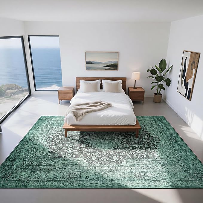 Washable Rugs 8x10 Area Rugs for Living Room- Vintage Green Rugs for Bedroom,Dining Room, Large Soft Low Pile Carpet with Non Slip Rubber Backing,Neutral Accent Rug for Nursery Home Office