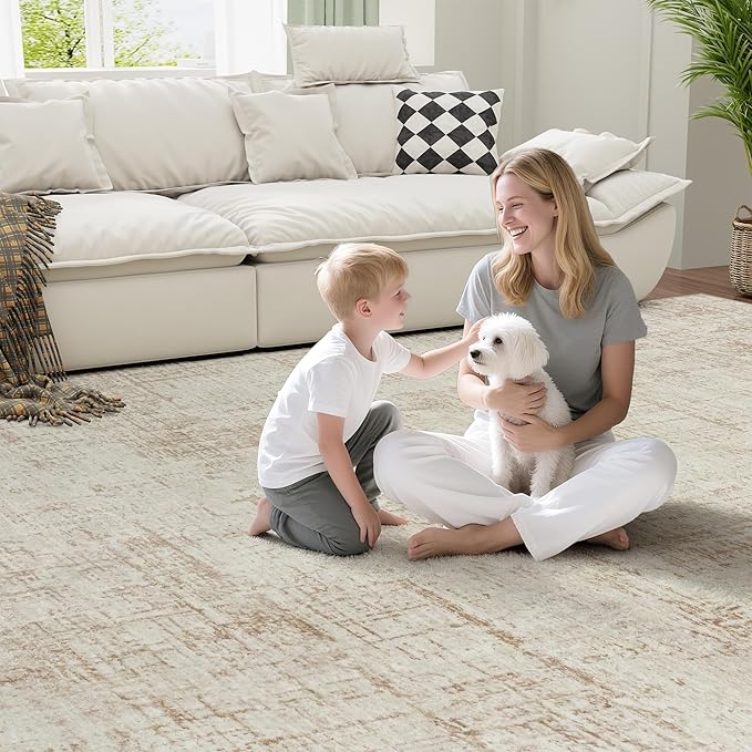 10x14 Area Rugs for Living Room Washable Rug: Anti-Skid Abstract Modern Living Room Rug Soft Thin Carpets Indoor Floor Non-Shedding Carpet for Bedroom Dining Farmhouse Nursery Home Office Beige White